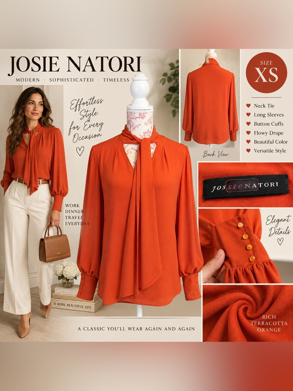 Josie Natori Women's Blouse Terracotta Orange Size XS Neck Tie Long Sleeve